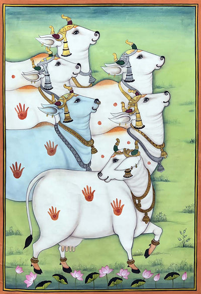 Krishna Hidden in The Tree of Life & Cows - Set of 3 Handmade Paintings (Unframed / 28x42 inches each)