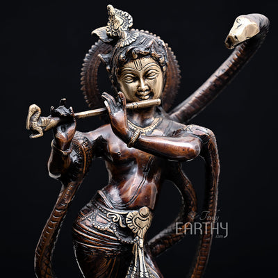 brass krishna idol, closeup