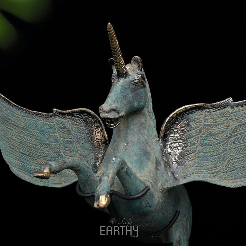 bronze unicorn statue, closeup angel