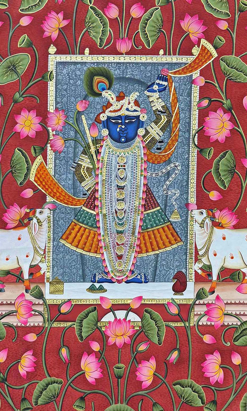 shrinathji pichwai painting, closeup