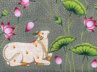 cow lotus painting, closeup