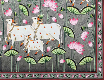 Cows in Lotus Pond - Handmade Pichwai Painting (3 x 4 feet / Unframed)