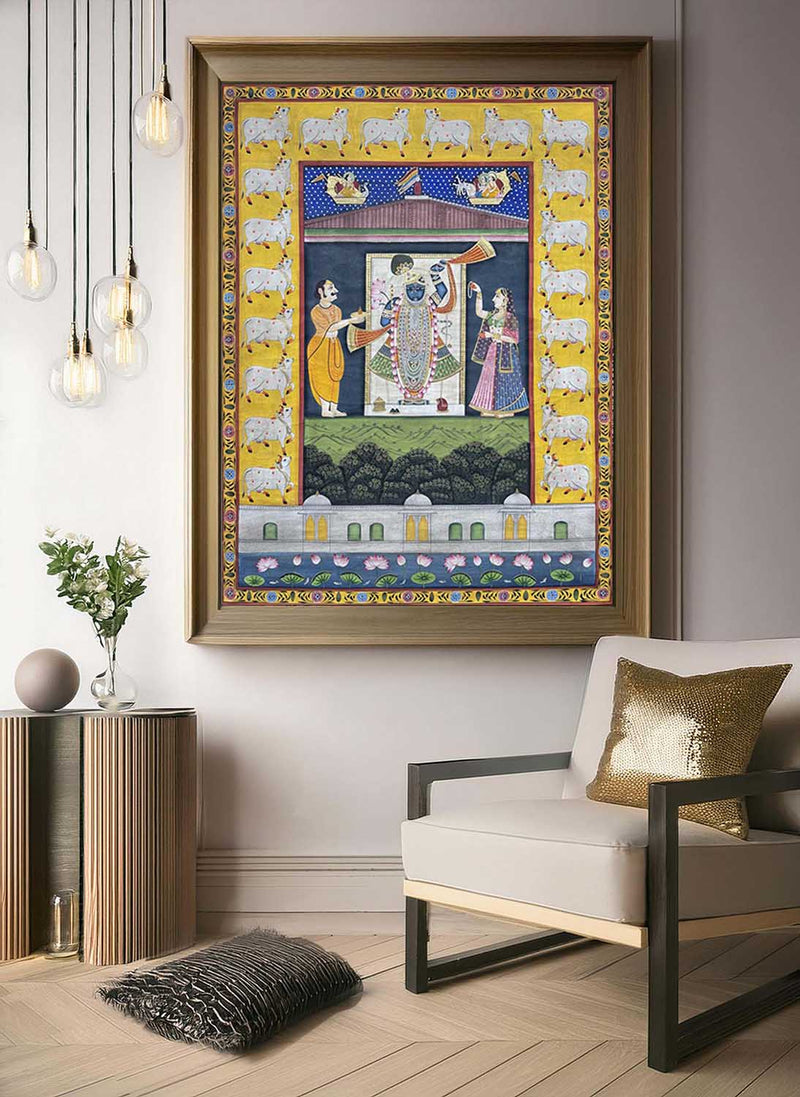 Shrinathji & Cows - Handmade Pichwai Painting (Unframed / 36 x 47.5 inches)