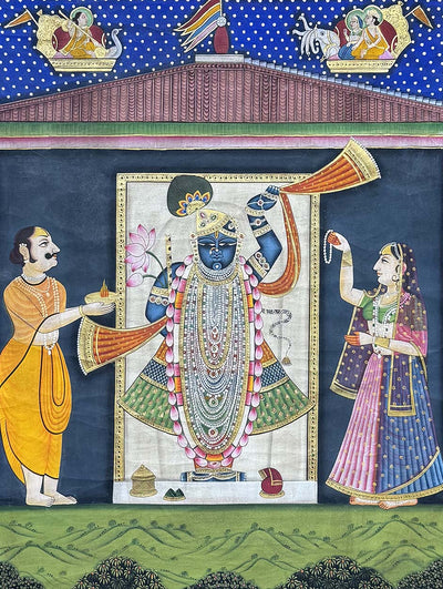 Shrinathji & Cows - Handmade Pichwai Painting (Unframed / 91.4 x 120.6 cm)