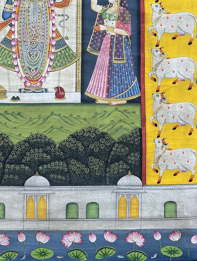 Shrinathji & Cows - Handmade Pichwai Painting (Unframed / 91.4 x 120.6 cm)