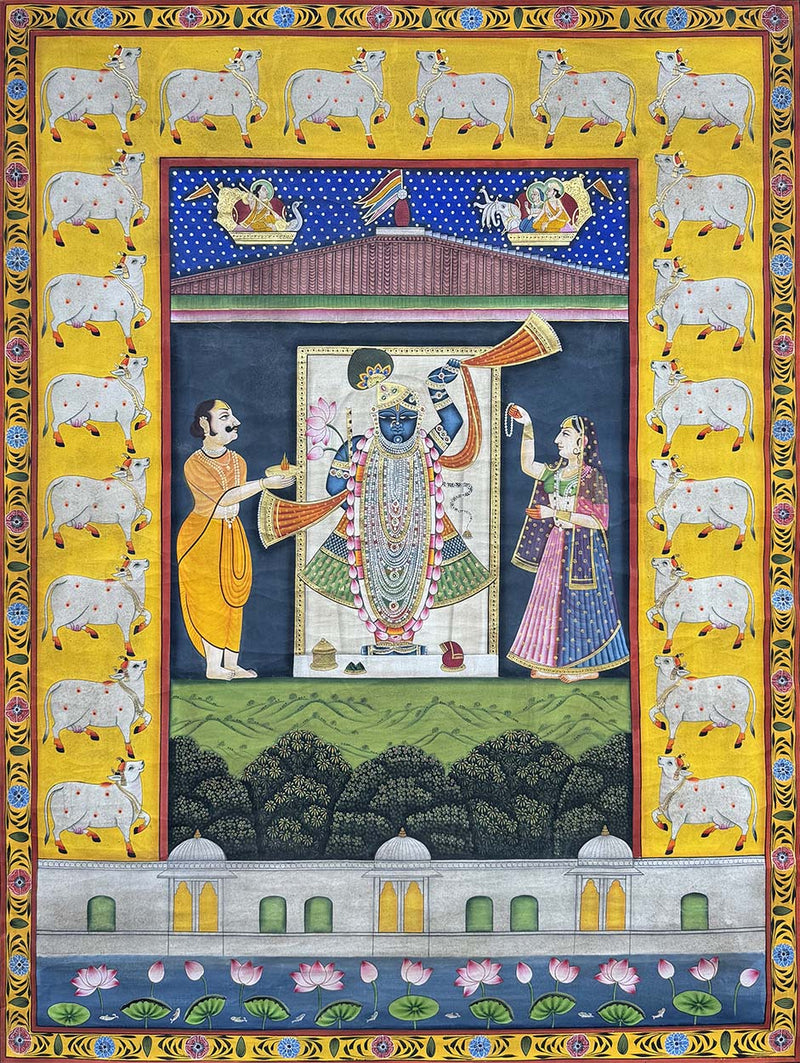 Shrinathji & Cows - Handmade Pichwai Painting (Unframed / 36 x 47.5 inches)