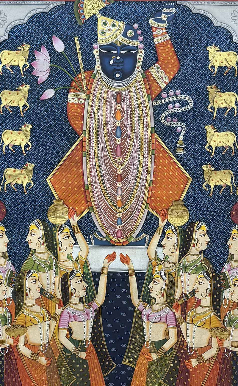 sharad purnima pichwai painting, closeup