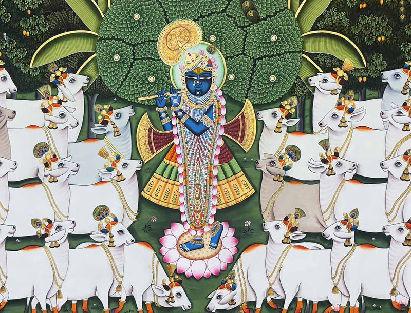 Shrinathji with Cows in Forest - Handmade Pichwai Painting (Unframed)