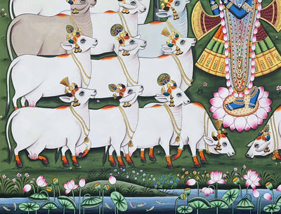 Shrinathji with Cows in Forest - Handmade Pichwai Painting (Unframed)