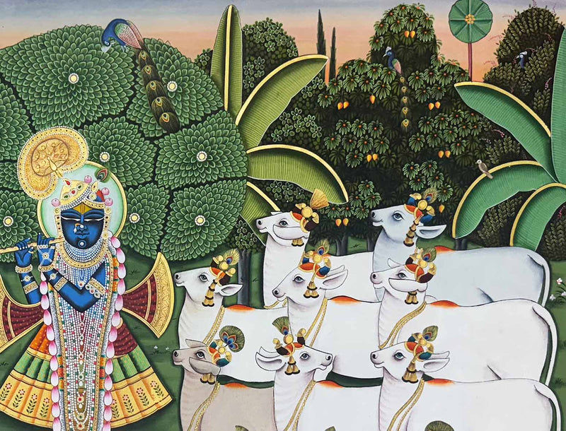 Shrinathji with Cows in Forest - Handmade Pichwai Painting (Unframed)