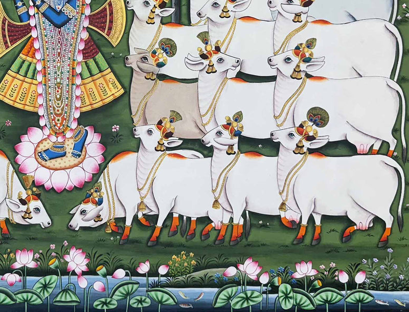 Shrinathji with Cows in Forest - Handmade Pichwai Painting (Unframed)