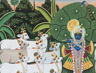 Shrinathji with Cows in Forest - Handmade Pichwai Painting (Unframed)