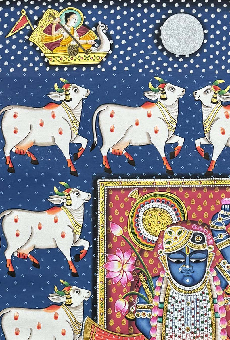 cows pichwai painting, closeup angel